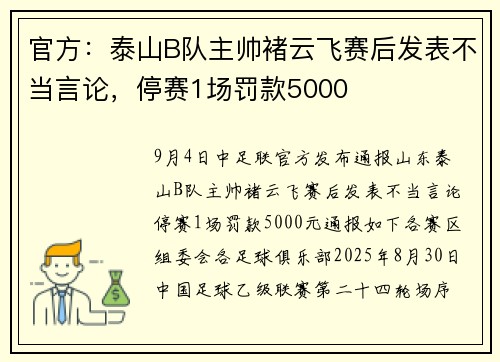 官方：泰山B队主帅褚云飞赛后发表不当言论，停赛1场罚款5000