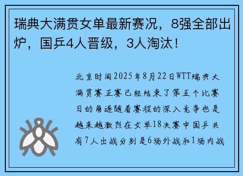瑞典大满贯女单最新赛况，8强全部出炉，国乒4人晋级，3人淘汰！